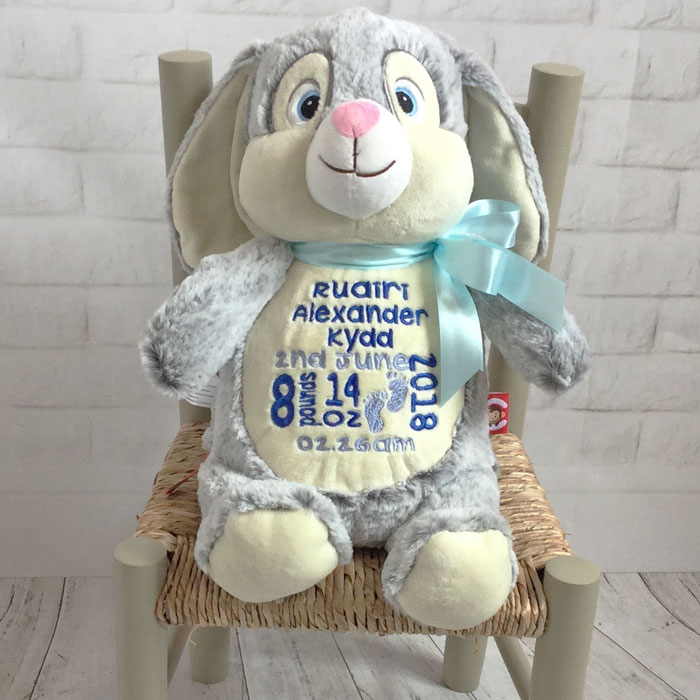 Personalised Baby Boy Cubbies Grey Birth Bunny