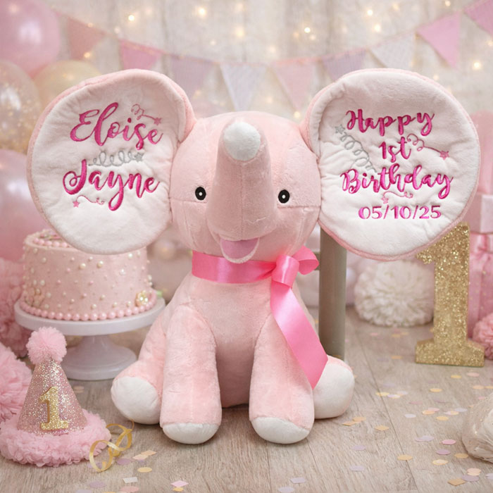 Girl's Personalised First Birthday Pink Cubbies Elephant Toy