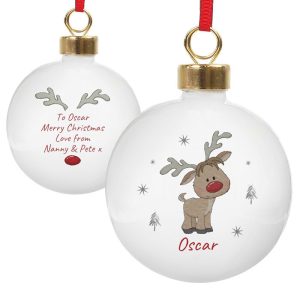 Personalised Little Reindeer Ceramic Christmas Tree Bauble