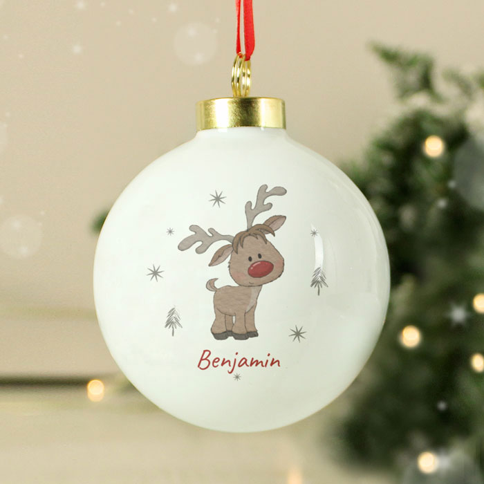 Personalised Little Reindeer Ceramic Christmas Tree Bauble
