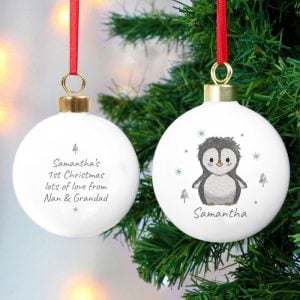 Personalised First Christmas Tree Bauble Pebbles the Penguin