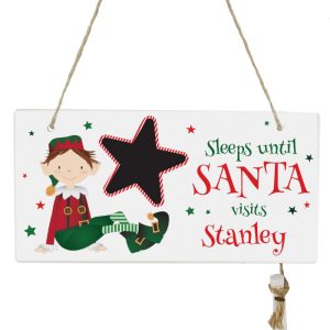 Personalised Elf Christmas Chalk Countdown Wooden Sign
