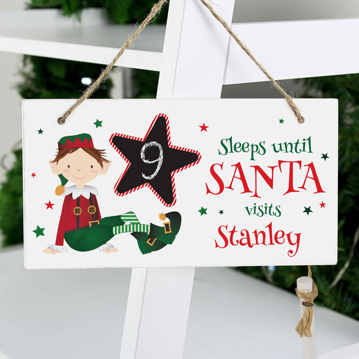 Personalised Elf Christmas Chalk Countdown Wooden Sign