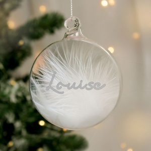 Personalised Glass White Feather Memorial Xmas Tree Bauble