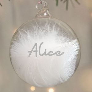 Personalised Glass White Feather Memorial Xmas Tree Bauble