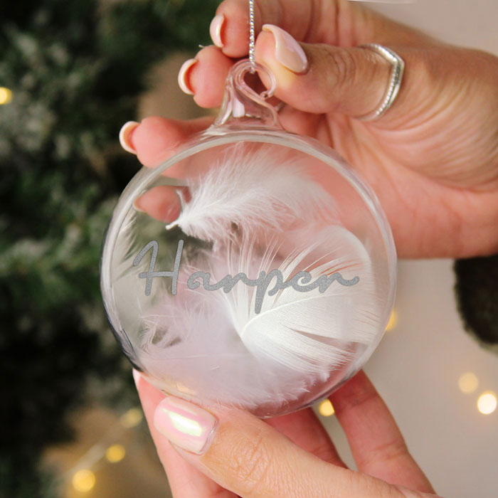 Personalised Glass White Feather Memorial Xmas Tree Bauble