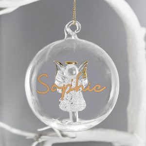 Personalised Gold Glitter Name Only Angel Glass Tree Bauble