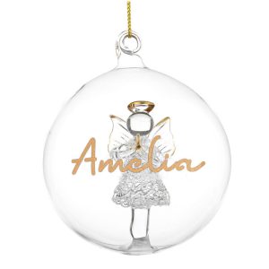 Personalised Gold Glitter Name Only Angel Glass Tree Bauble