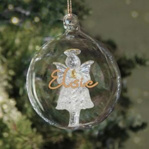 Personalised Gold Glitter Name Only Angel Glass Tree Bauble