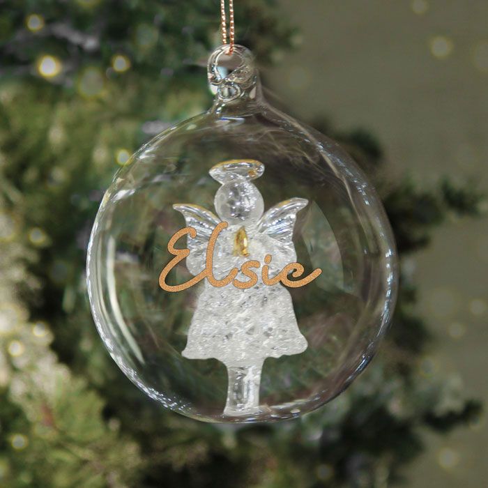 Personalised Gold Glitter Name Only Angel Glass Tree Bauble