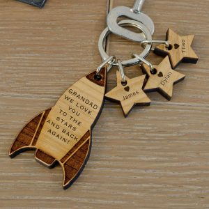 Personalised Wooden Rocket and Stars Key Ring