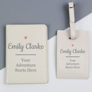 Personalised Pink Heart Cream Passport Holder & Luggage Tag
