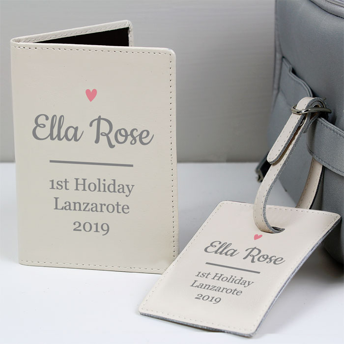 Personalised Pink Heart Cream Passport Holder & Luggage Tag