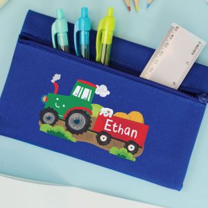Personalised Tractor Blue Microfibre Pencil Case