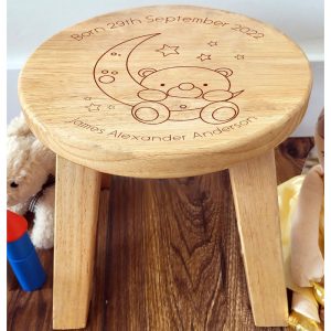 Personalised Baby Bear and Moon Children's Wooden Stool