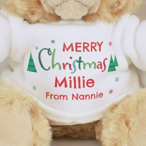 Child's Personalised Merry Christmas Teddy Bear In Tee Shirt