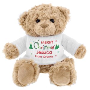 Child's Personalised Merry Christmas Teddy Bear In Tee Shirt