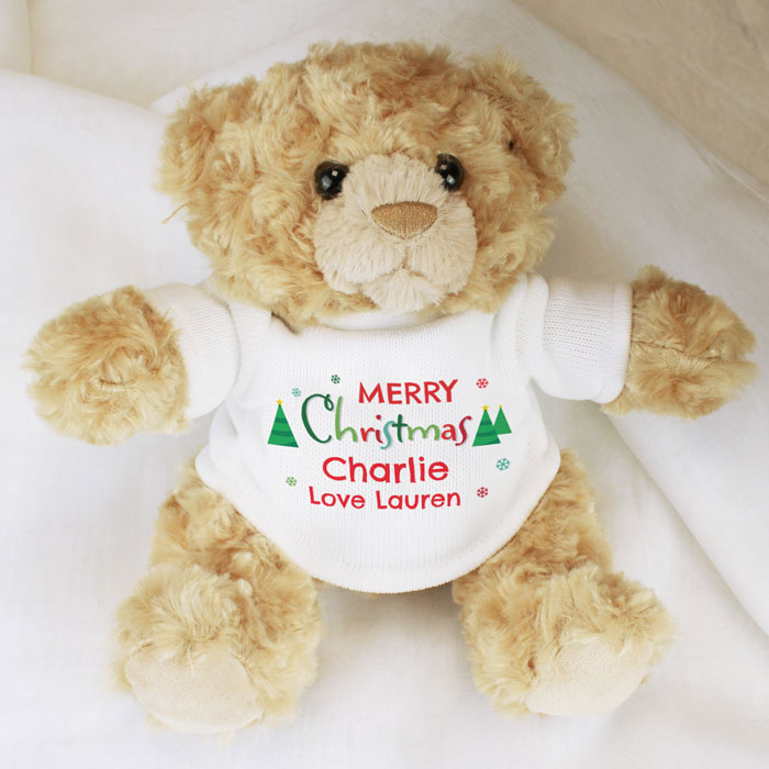 Child's Personalised Merry Christmas Teddy Bear In Tee Shirt