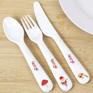 Personalised Christmas Toadstool 3 Piece Plastic Cutlery Set