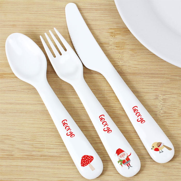 Personalised Christmas Toadstool 3 Piece Plastic Cutlery Set