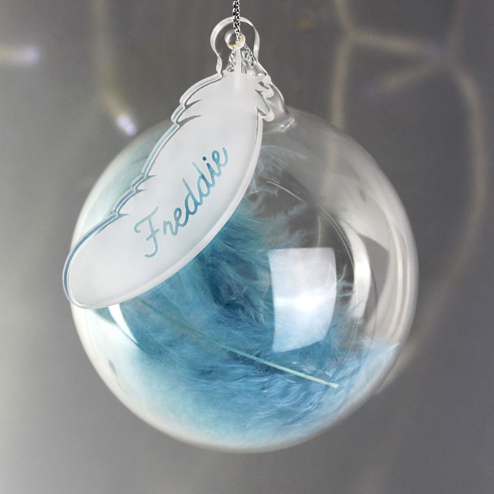 Baby Boy's Personalised Memorial Glass Bauble & Blue Feather
