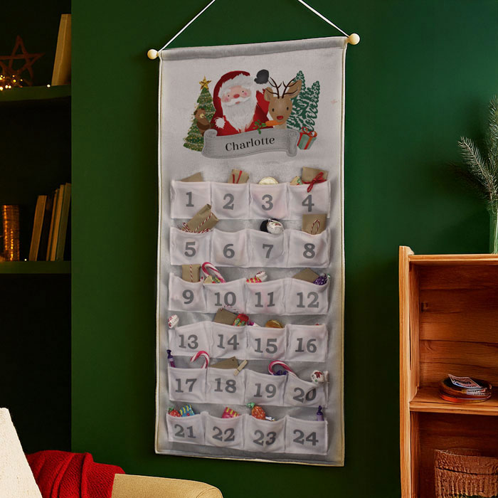 Childrens Personalised Santa Fabric Pocket Advent Calendar