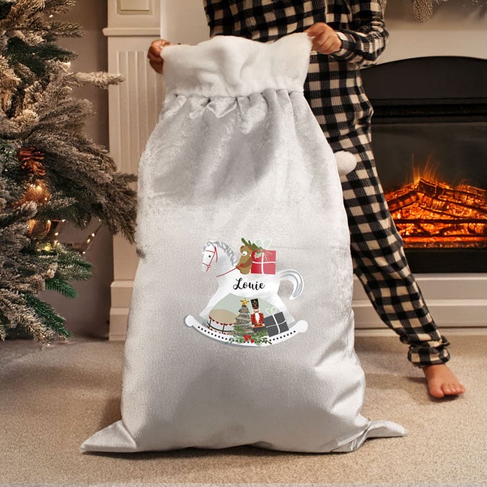 Personalised Christmas Sack Silver Rocking Horse