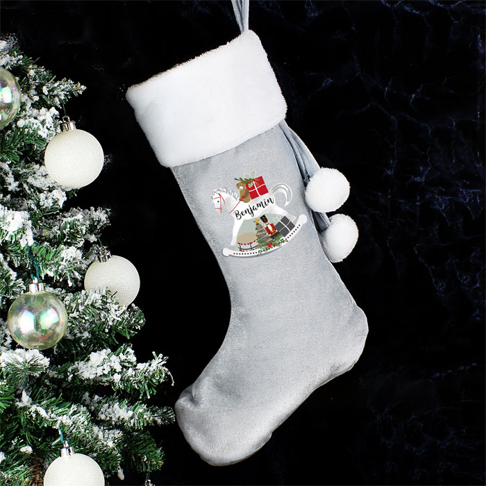 Personalised Rocking Horse Luxury Silver Christmas Stocking