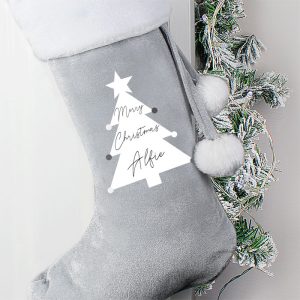 Personalised Christmas Tree Luxury Silver Fleece Stocking