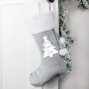 Personalised Christmas Tree Luxury Silver Fleece Stocking