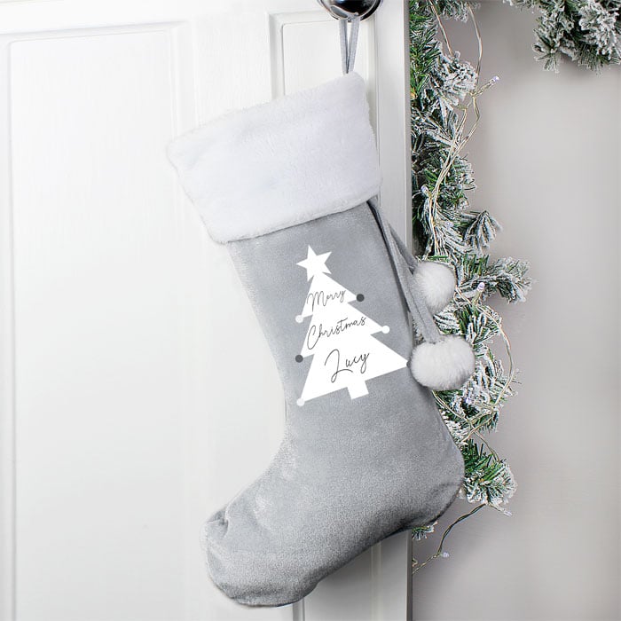 Personalised Christmas Tree Luxury Silver Fleece Stocking