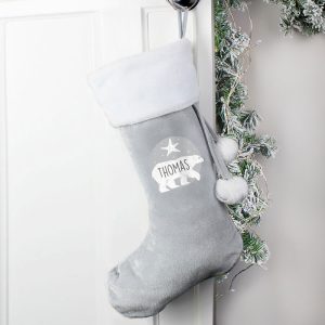 Personalised Polar Bear Luxury Silver Christmas Stocking