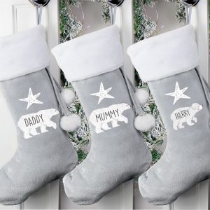 Personalised Polar Bear Luxury Silver Christmas Stocking
