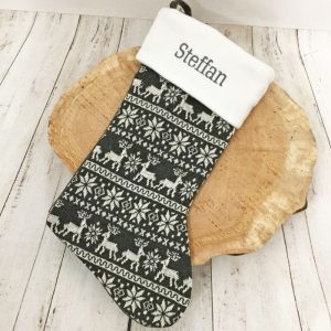 Personalised Grey Nordic Print Luxury Christmas Stocking