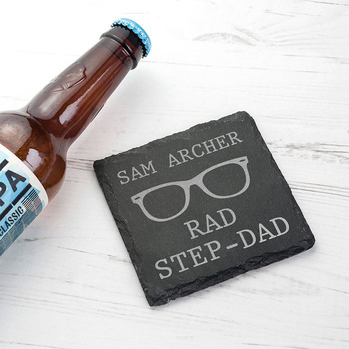 Personalised Rad Step Dad Square Slate Coaster
