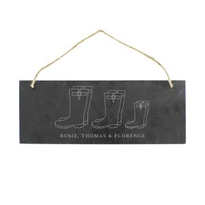 Personalised Welly Boot Family of Three Hanging Slate Plaque