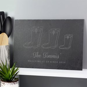 Personalised Welly Boot Family of Three Slate Decoration