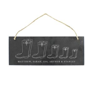 Personalised Welly Boot Family of Five Hanging Slate Plaque