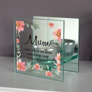 Personalised Floral Mirrored Glass Tea Light Holder