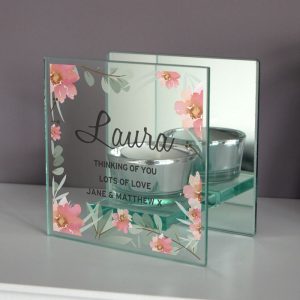 Personalised Floral Mirrored Glass Tea Light Holder