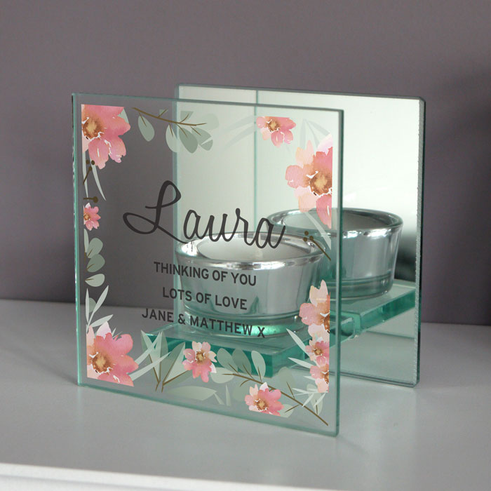 Personalised Floral Mirrored Glass Tea Light Holder