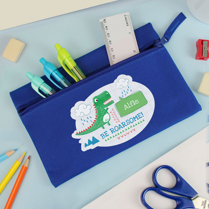 Boy's Personalised Be Roarsome Dinosaur Blue Pencil Case