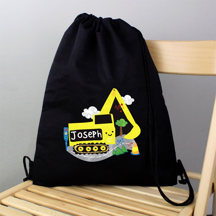 Boy's Black Personalised Digger School Swim & Kit Bag