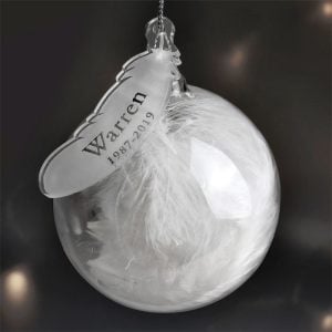 Personalised Name & Date Feather Glass Bauble