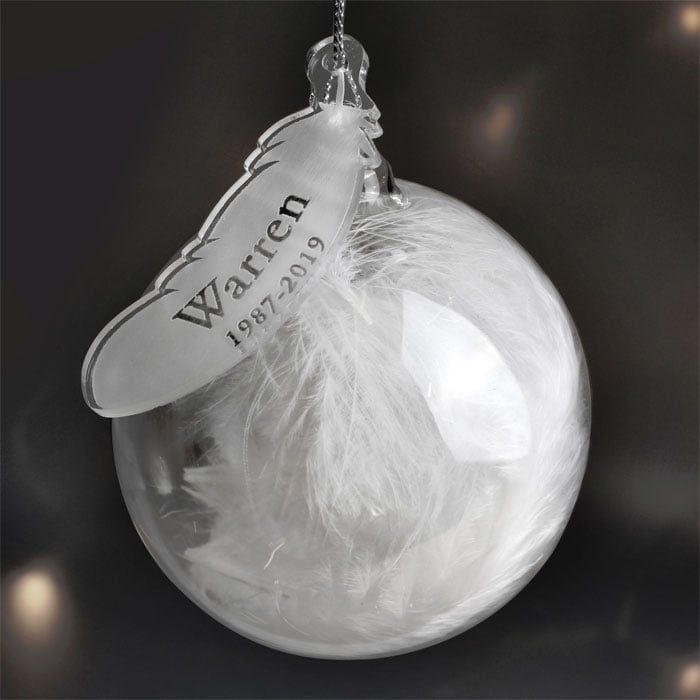 Personalised Name & Date Feather Glass Bauble