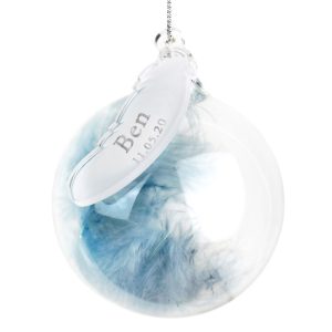 Personalised Name & Date Blue Feather Glass Memorial Bauble