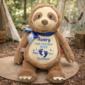 Personalised Embroidered Cubbies Clingy Sloth Teddy Soft Toy