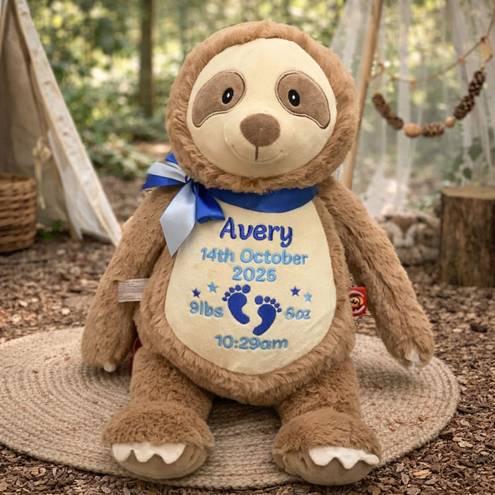 Personalised embroidered Cubbies clingy sloth soft toy