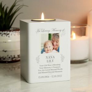 Personalised Photo Memorial White Wooden Tea Light Holder