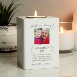 Personalised Photo Memorial White Wooden Tea Light Holder